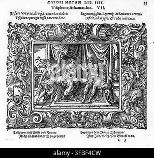 Un'illustrazione a xilografia del 1569 che raffigura una scena mitologica dalle Metamorfosi di Ovidio, libro IV, mostrando Tisifone, Atamante e Ino, con testo in latino e tedesco. Foto Stock