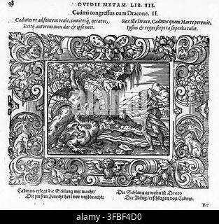 Un'illustrazione xilografica del 1569 che presenta una scena mitologica dalle Metamorfosi di Ovidio, Libro III, raffigurante Cadmo e il drago, con testo latino e tedesco che descrive la scena. Foto Stock