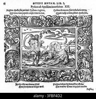 Un'illustrazione a xilografia del 1569 che raffigura Apollo mentre uccide Pitone, tratta dalle Metamorfosi di Ovidio, libro I, con testo latino e tedesco che descrive la scena. Foto Stock