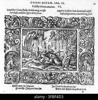 Un'illustrazione a xilografia del 1569 di una scena mitologica dalle Metamorfosi di Ovidio, libro II, che raffigura la storia di Callisto e Giove, con un'iscrizione latina e un testo aggiuntivo in tedesco. Foto Stock