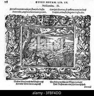 Un'illustrazione a xilografia del 1569 che raffigura una scena mitologica, in particolare la storia di Ercole e Nesso, con testo latino e tedesco che descrive la scena. Foto Stock