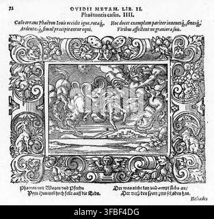 Un'illustrazione a xilografia del 1569 che raffigura la scena mitologica di Faeton, tratta dalle Metamorfosi di Ovidio, Libro II, in cui Faeton, figlio di Helios, cade dal cielo sulla terra, realizzata da un artista sconosciuto. Foto Stock