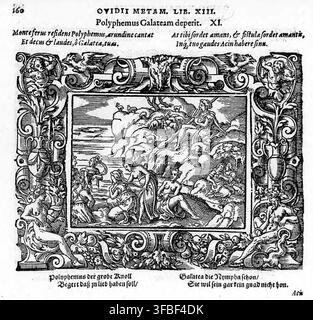 Un'illustrazione a xilografia del 1569 che raffigura la scena mitologica di Polifemo e Galatea, dalle Metamorfosi di Ovidio, libro XIII, con testo latino e tedesco. Foto Stock