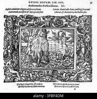 Un'illustrazione a xilografia del 1569 che raffigura la scena mitologica di Perseo che libera Andromeda, dalle Metamorfosi di Ovidio, libro IV, con testo latino e tedesco che descrive la scena. Foto Stock