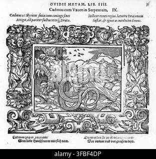 Un'illustrazione a xilografia del 1569 che raffigura la scena mitologica di Cadmo e sua moglie che si trasformano in serpenti, dalle Metamorfosi di Ovidio, libro IV, con il testo che descrive la loro trasformazione e l'esilio. Foto Stock