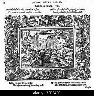 Un'illustrazione a xilografia del 1569 che raffigura la scena mitologica di Callisto trasformata in un orso, dalle Metamorfosi di Ovidio, libro II, con testo in latino e tedesco. Foto Stock