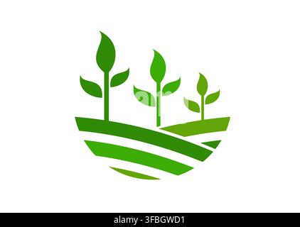 Campo agricolo di piante verdi, icona di fattoria agricola, campo agricolo rurale. Tre giovani germogli di piante verdi che crescono su colline lineari del campo agricolo. Icona minimalista di fattoria agricola per la produzione alimentare ecologica Illustrazione Vettoriale