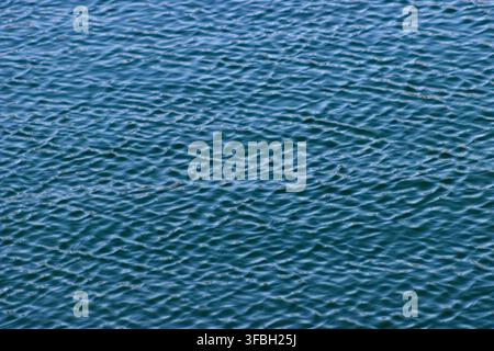 L'acqua blu calma si increspa delicatamente in superficie. Modelli lisci suggeriscono un ambiente tranquillo e sereno. Ideale per sfondi, viaggi o temi naturali Foto Stock
