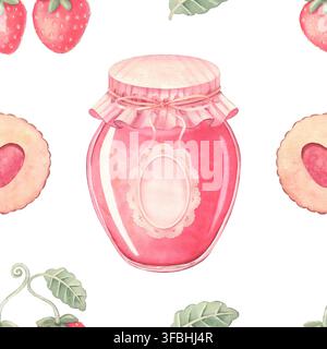 Modello senza cuciture con adorabili barattoli di marmellata, fragole, biscotti. Illustrazione acquerellata dipinta a mano isolata su bianco per tessuti da cucina, packaging Foto Stock
