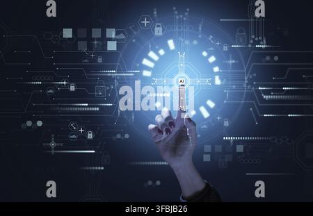 Concetto di insegnamento dell'intelligenza artificiale ai vari compiti, sostituendo il lavoro mentale umano. La mano maschile tocca l'ologramma Foto Stock
