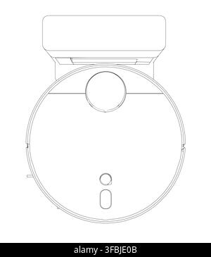 Un disegno di contorno di un robot aspirapolvere assomiglia a uno schema di cablaggio su uno sfondo bianco. L'oggetto rotondo presenta un foro centrale e un b pulito Illustrazione Vettoriale