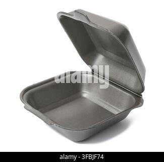 Contenitore in plastica grigio aperto con coperchio per alimenti su sfondo bianco isolato. Contenitore monouso Foto Stock