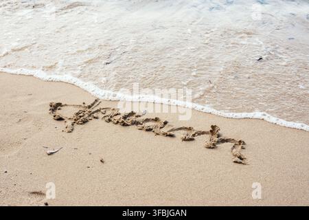 La parola sogno scritta nella sabbia bagnata su una spiaggia tropicale scenografica con dolci onde dell'oceano che si infrangono sulla costa dorata, Grecia. Foto Stock