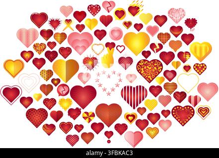 Collezione di forme a cuore per San Valentino, design di biglietti di auguri con simboli d'amore in toni rossi, gialli e rosa. Grande set di cuori decorativi in stili, motivi e texture vari Illustrazione Vettoriale