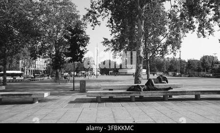 Panchine in un'area parco urbana soleggiata, circondata da alberi e da un ampio marciapiede, vicino alla Bastiglia, Paris Arsenal Marina, Parigi, Francia Foto Stock