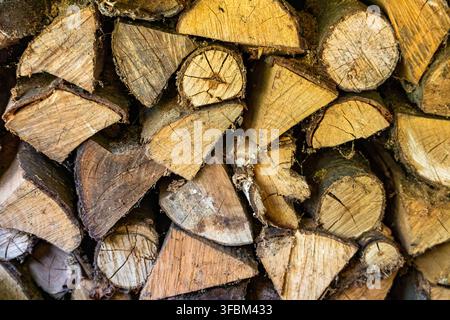 Prima vista ravvicinata di tronchi di legno secchi tagliati e impilati ordinatamente all'aperto, pronti per il riscaldamento invernale, il camino o il falò del barbecue. Foto Stock
