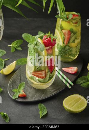 Una bevanda rinfrescante in un bicchiere con fette di limone, fragole, foglie di menta fresca e acqua frizzante, servita con lime e menta su un piatto nero Foto Stock