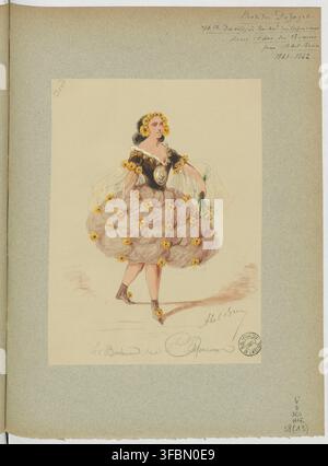 Un disegno di una donna in costume teatrale, con testo che fa riferimento a Ibela Dejazet e a un'opera di Abel Bruy, Le Boulevard des Capucines, del 1861-1862. Foto Stock