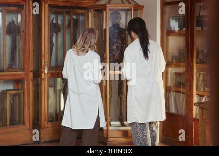 Due giovani studentesse di medicina caucasiche adulte in camice studiano un modello anatomico nel museo universitario. Immagine adatta per l'educazione medica e le campagne di reclutamento universitario Foto Stock
