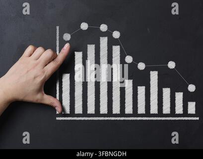 Una mano interagisce con un grafico a barre e a linee disegnato con gesso bianco su una lavagna. Il grafico rappresenta la crescita aziendale, le tendenze o il declino finanziario Foto Stock