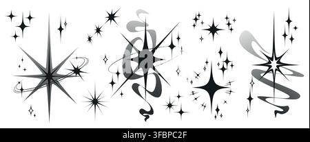 Icone a forma di stella Y2K con raggi di luce scintillanti isolati su sfondo bianco. Illustrazione vettoriale di esplosioni retrò scintillanti, elementi cosmici luccicanti per disegni di tatuaggi, progetti grafici vintage dello spazio Illustrazione Vettoriale