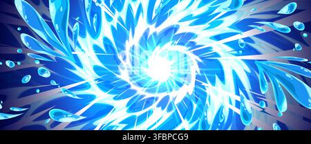 Schizzo d'acqua dinamico con onde e gocce in stile cartone animato, sfondo vettoriale di fumetto con esplosione di liquido astratto. Scoppio acquatico blu per giochi estivi o poster anime, design pop art con movimento a spirale Illustrazione Vettoriale