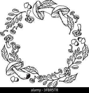 Una ghirlanda rotonda vettoriale fatta di funghi autunnali con foglie d'albero, disegnata a mano Illustrazione Vettoriale