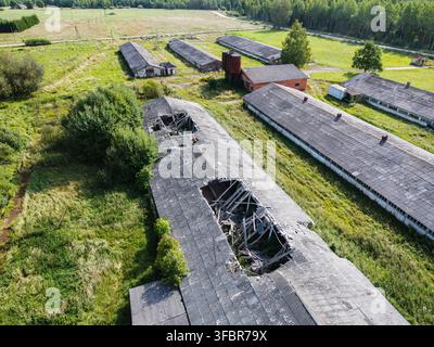 Vista aerea di edifici agricoli abbandonati con tetti crollati e vecchi silo circondati da campi invasi dalla vegetazione a Kulciems, comune di Talsi, Lettonia. Foto Stock