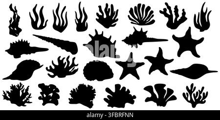 Silhouette nere di coralli, conchiglie e stelle marine su sfondo bianco. Collezione natura subacquea per design decorativo e concetto di vita marina. Illustrazione Vettoriale