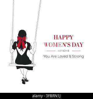Donna con fiocco rosso seduta su un'altalena. Biglietto di auguri felice per la Festa della Donna con messaggio di empowerment. Concetto di femminilità e forza. Illustrazione Vettoriale