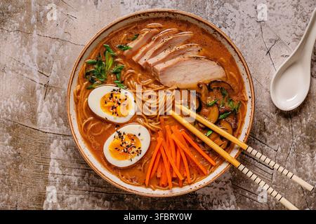 Ciotola di ramen con pollo, uova e verdure pronta da mangiare su un tavolo strutturato Foto Stock