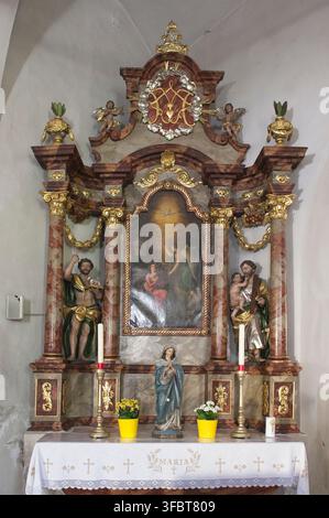 Chiesa di San Floriano, Bad Bleiberg, Carinzia, Austria. L’altare laterale sinistro mostra l’Annunciazione nel pannello centrale, circondato da figure scolpite di San Giovanni Battista e di San Giuseppe con il Bambino Foto Stock
