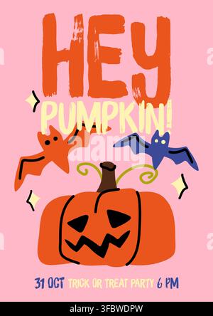 Poster vettoriale a doodle di zucca intagliata per Halloween per il design di inviti per feste Illustrazione Vettoriale