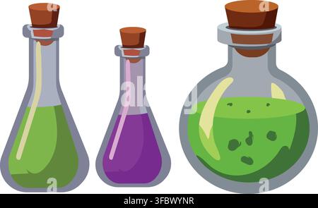Bottiglie di pozione magica di Halloween con liquido colorato Illustrazione Vettoriale