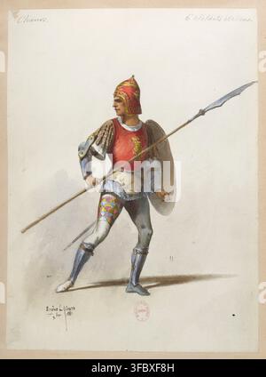 Un disegno di Eugène L'Hoste, datato dicembre 1881, raffigurante un soldato in abiti italiani che tiene una lancia e uno scudo, parte di una serie intitolata "Choeurs" con sei soldati italiani. Foto Stock