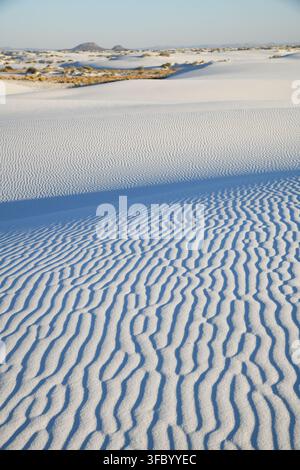 La luce dorata del sole bagna le serene dune bianche del White Sands National Park, evidenziando i loro delicati motivi. L'orizzonte si estende all'infinito, inv Foto Stock