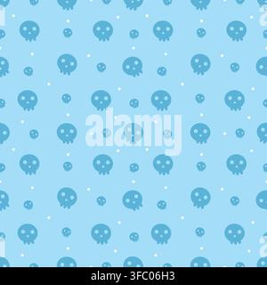 Motivo senza fine carino kawaii con teschi in tonalità azzurre cielo morbide con piccoli punti bianchi. Sfondo pastello giocoso per Halloween per tessuto, carta da parati, involucro pa Illustrazione Vettoriale