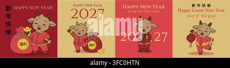 Set di quattro biglietti di auguri festivi per il Capodanno cinese 2027 con simpatiche capre in stile cartone animato in abiti rossi tradizionali con una lanterna, buste di denaro fortunato Illustrazione Vettoriale