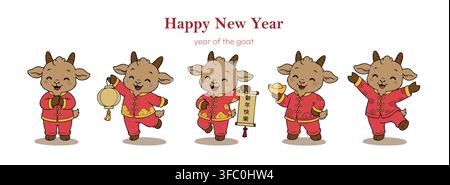 Illustrazione di auguri per il Capodanno lunare con cinque allegre capre in stile cartoon vestite con abiti rossi tradizionali, in posa con una lanterna e un rotolo festivo Illustrazione Vettoriale