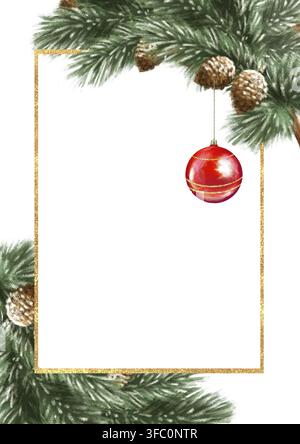 Cornice natalizia disegnata a mano con rami di pino verde, pinne e ornamento rosso. Perfetto per biglietti di auguri, inviti o decorazioni natalizie Foto Stock