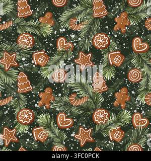 Modello senza cuciture con rami di abete e biscotti di zenzero. Design per sfondo di vendita natalizia, carta da regalo, biglietti, tessili Foto Stock