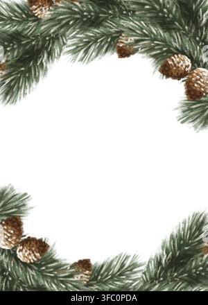 Telaio circolare disegnato a mano in lussureggianti rami di pino verde. Illustrazione di Natale Foto Stock