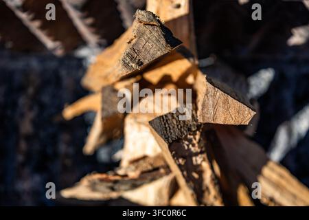 Una fotografia macro mozzafiato che si concentra sulle estremità ruvide di legna da ardere secca spaccata, scattata con una profondità di campo drammatica e ridotta. Foto Stock