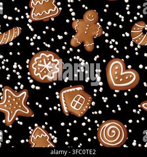 Modello natalizio senza cuciture con biscotti di pan di zenzero su sfondo nero Foto Stock
