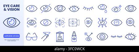 Set di icone occhio e linea di visione. Password visibile, scansione biometrica, lenti a contatto oftalmologia, occhiali, illustrazione vettoriale minima piangente. Semplice Illustrazione Vettoriale