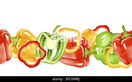 Illustrazione disegnata a mano di un bordo senza cuciture con peperoni rossi, gialli e verdi e fette. Ideale per temi alimentari, menu e design digitale Foto Stock