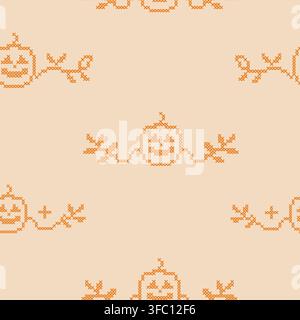 Motivo senza cuciture per Halloween con punto crociato gotico. Texture di arte folkloristica con ricamo boho. Motivo ripetibile di zucca e ghirlanda di vite su sfondo pesca per Illustrazione Vettoriale