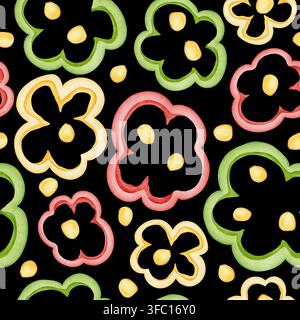 Motivo senza cuciture ad acquerello con anelli di peperone affettati, pezzi e semi. Illustrazione di fette di verdure colorate disegnate a mano per la cucina e il cibo d Foto Stock