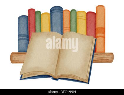 Illustrazione ad acquerello di un libro antico aperto adagiato su una pila ordinata di libri stampati colorati. Pulire le pagine vuote pronte per il testo. Ideale per la scuola, Foto Stock