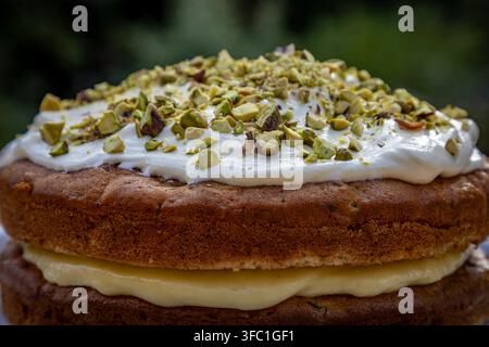Una torta al savoiardo con pistacchi pronta da mangiare Foto Stock